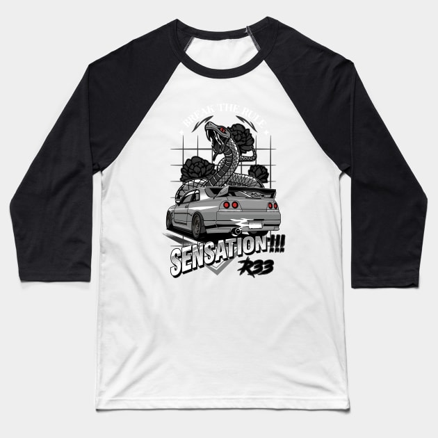 Nissan Skyline R33 Sensation Baseball T-Shirt by JDMAPEX